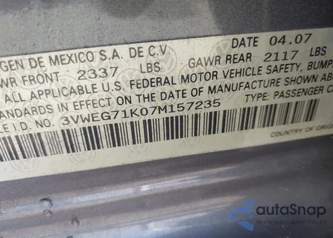 2007 Volkswagen Jetta Wolfsburg Edition из США, поврежденный, VIN 3VWEG71K07M157235